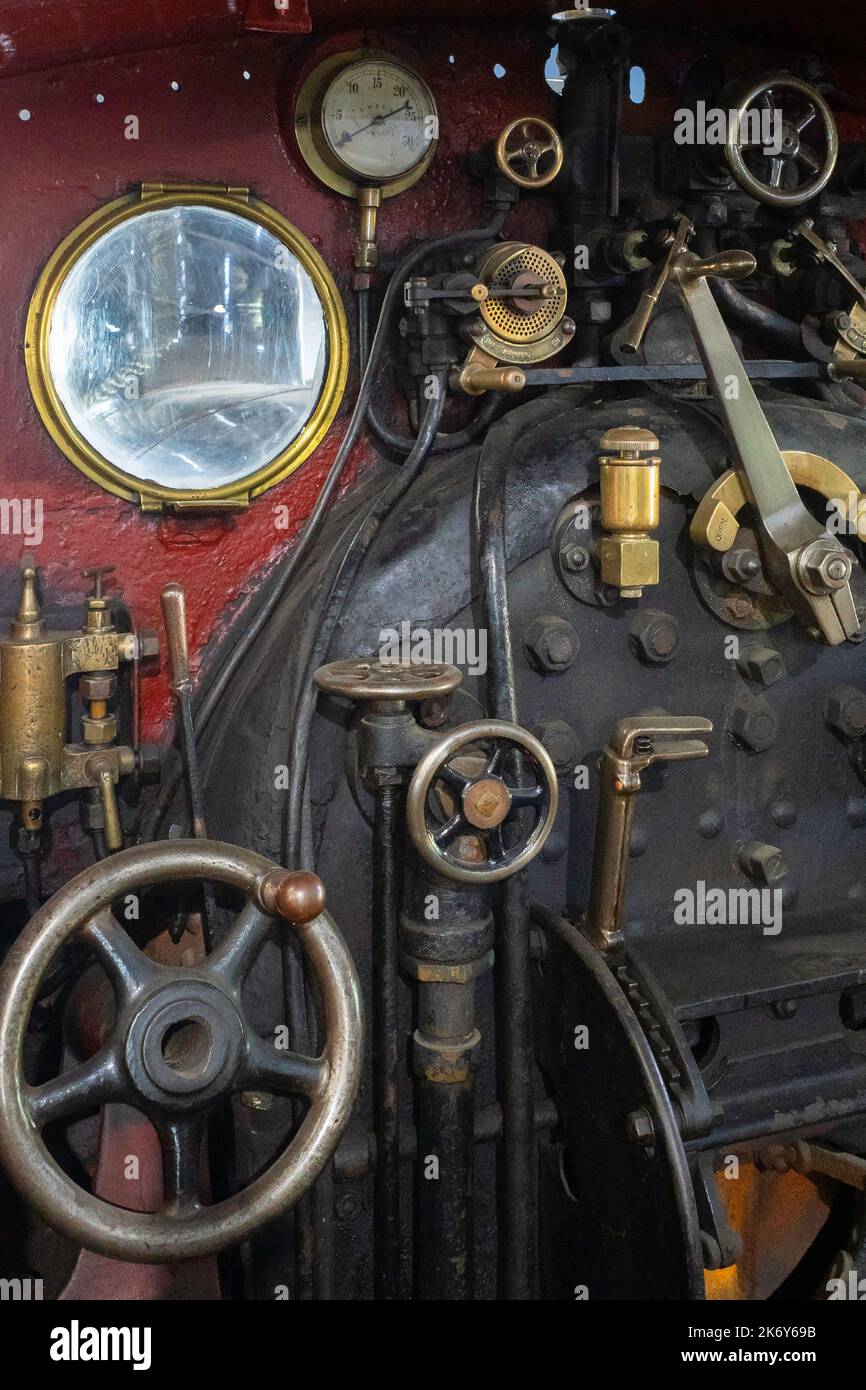 Drivers cab London North Western Railway No. 790 2-4-0 express passenger locomotive built Crewe  1873 on display in the Museum at Shildon Stock Photo