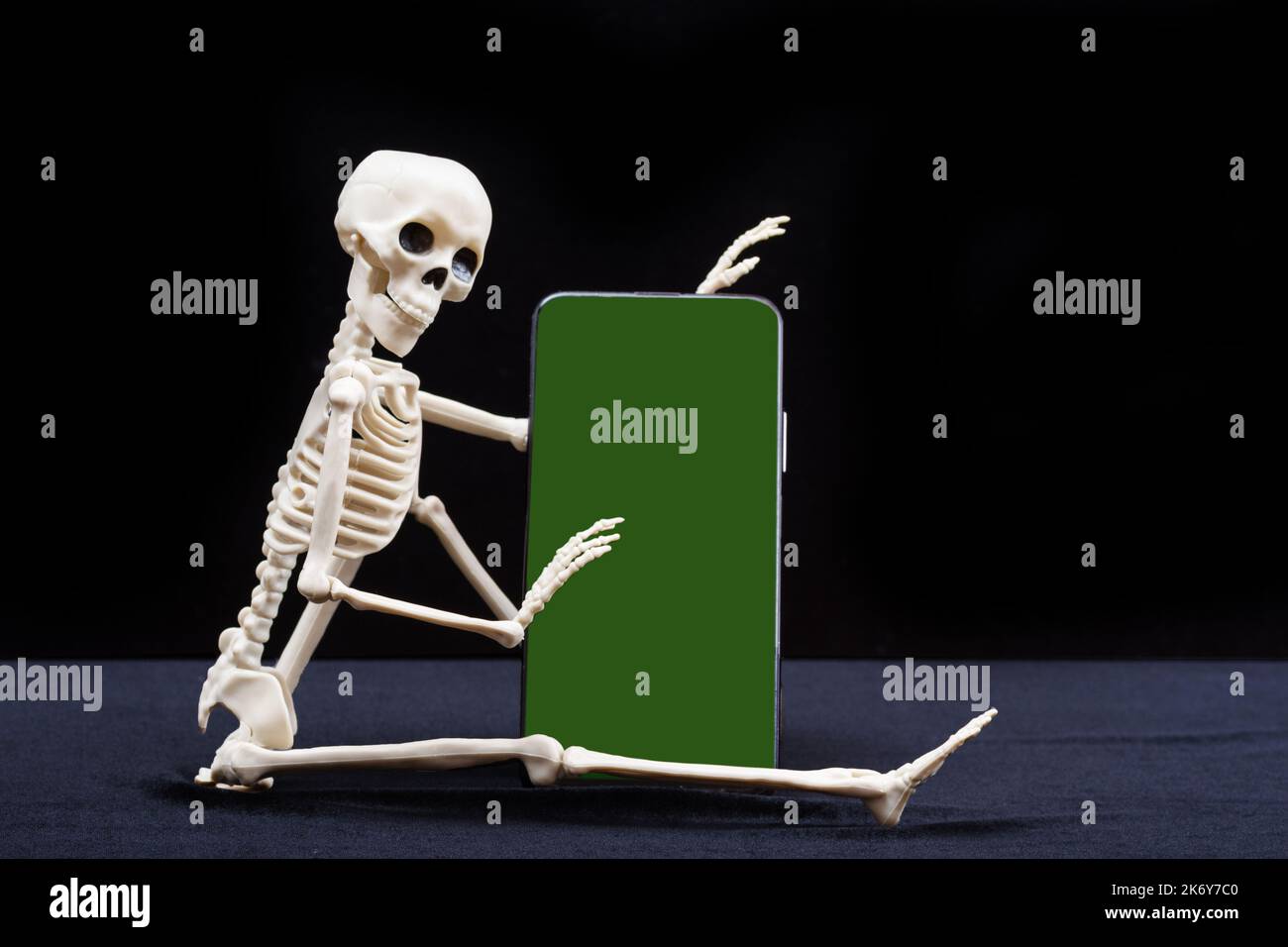 A seated skeleton is holding a smartphone with a green chromakey screen isolated on a black background, mockup, copy space. Halloween online. Online S Stock Photo