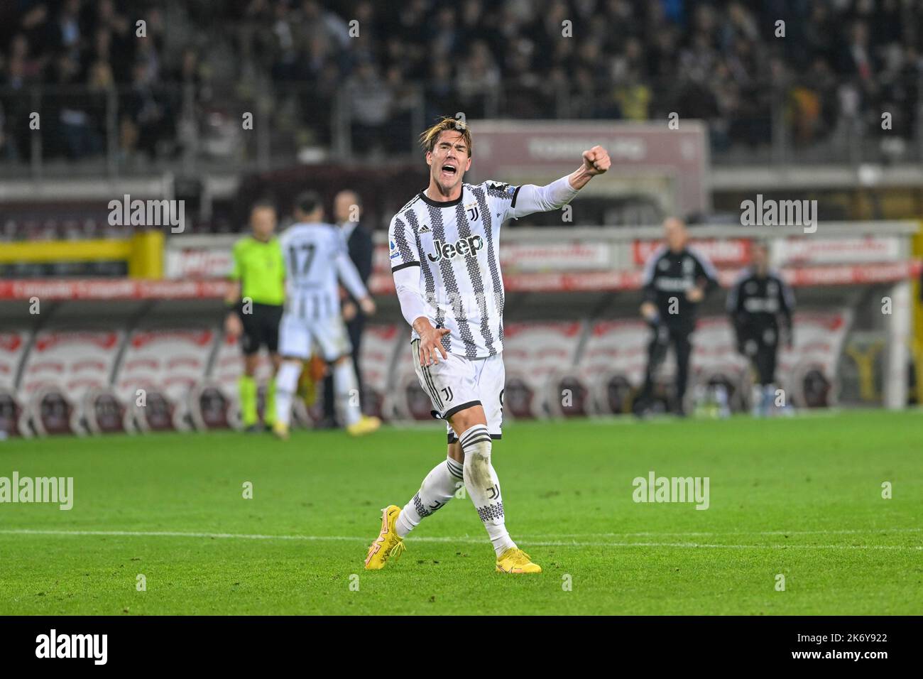 Dušan Vlahović of Juventus FC celebrate after scoring during the Serie A match between Torino FC and Juventus FC on October, 15th, 2022 at Stadio Olimpico Grande Torino in Torino, Italy. Picture by Antonio Polia Stock Photo