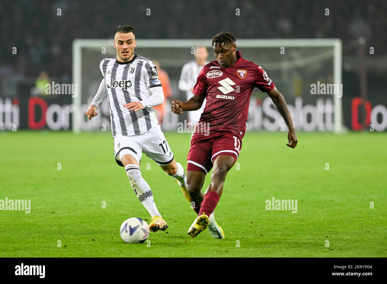Filip Kostic of Juventus FC, Stephane Singo of Torino FC, during the Serie A match between Torino FC and Juventus FC on October, 15th, 2022 at Stadio Olimpico Grande Torino in Torino, Italy. Picture by Antonio Polia Stock Photo