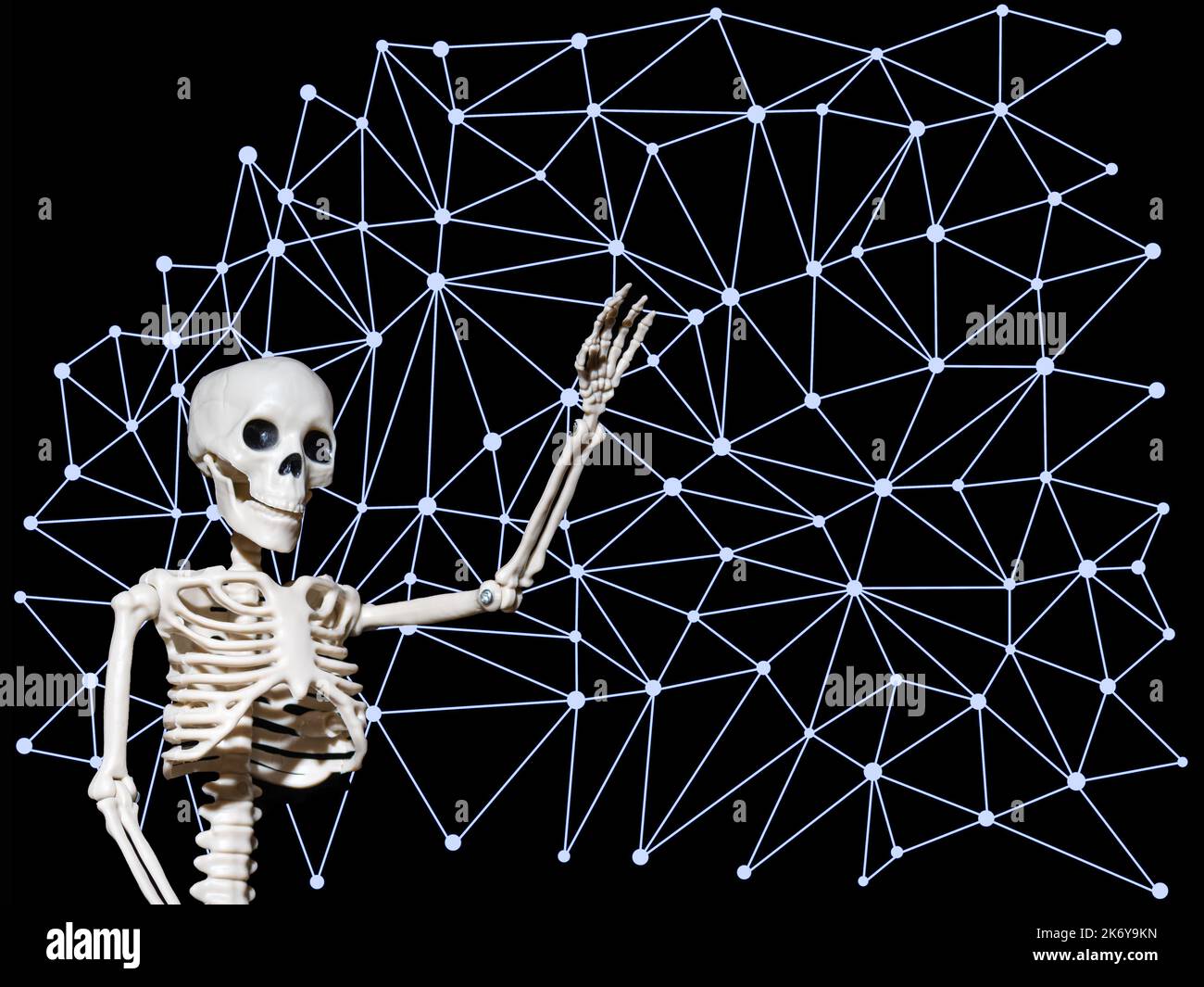 Business network communications and innovative technologies. The human skeleton indicates a virtual holographic connection on a black background. Inno Stock Photo