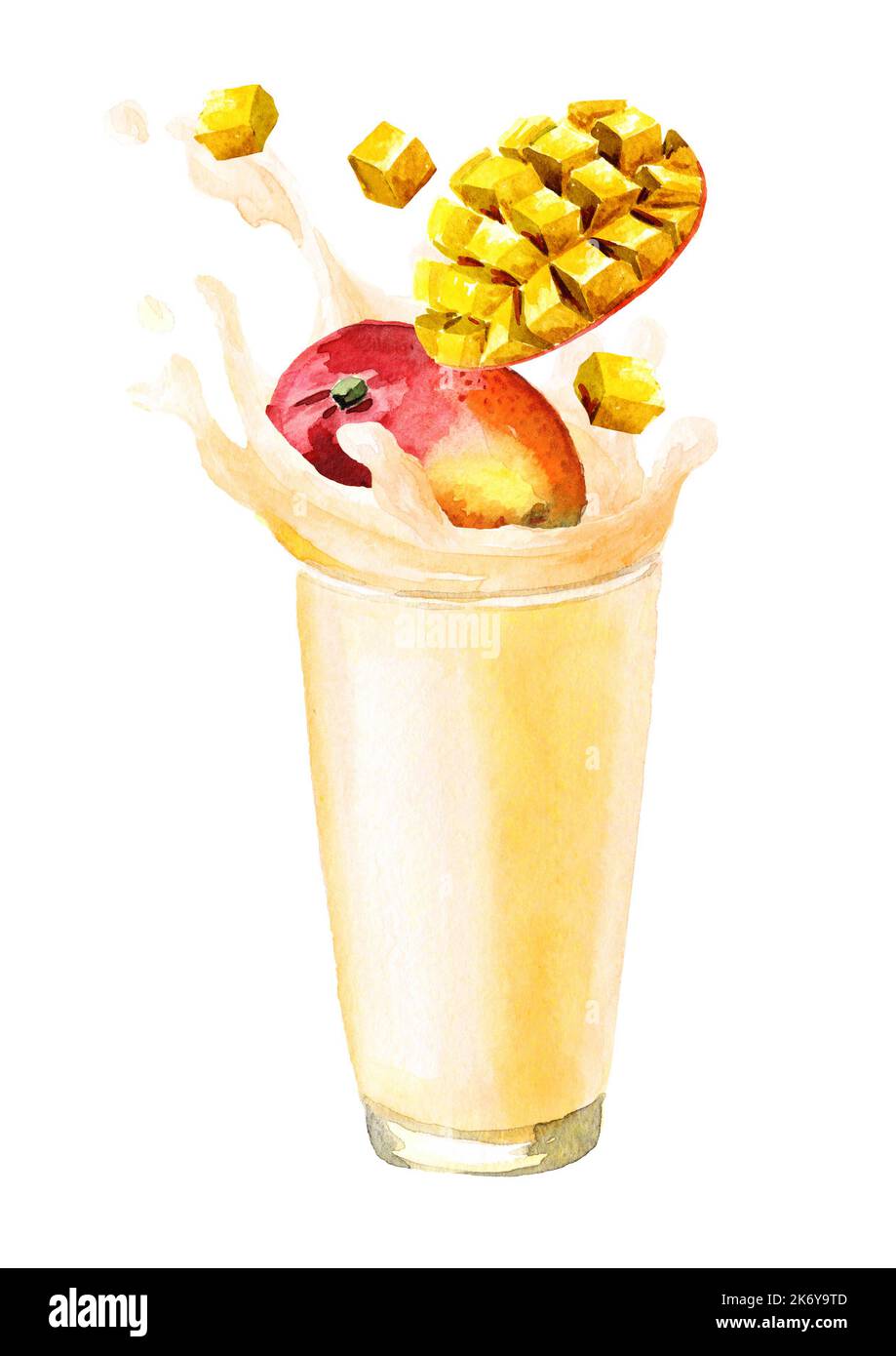 Glass with splash. Fruit Mango milk, yogurt, milkshake. Hand drawn