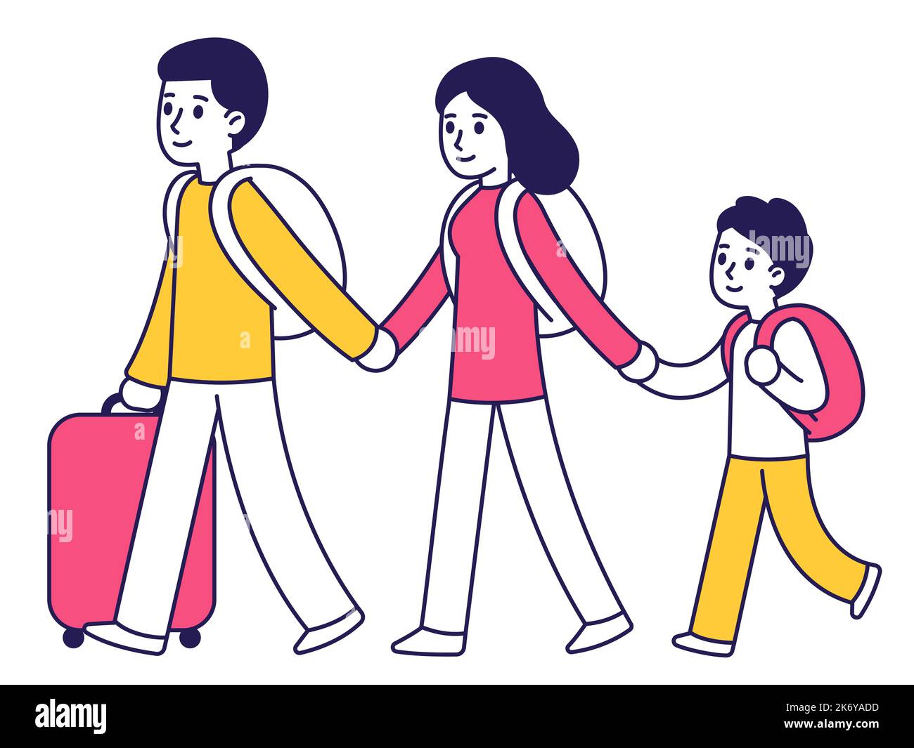 Cartoon family traveling, two parents and child with backpacks and suitcase. Immigration vector illustration, modern stylized flat style. Stock Vector