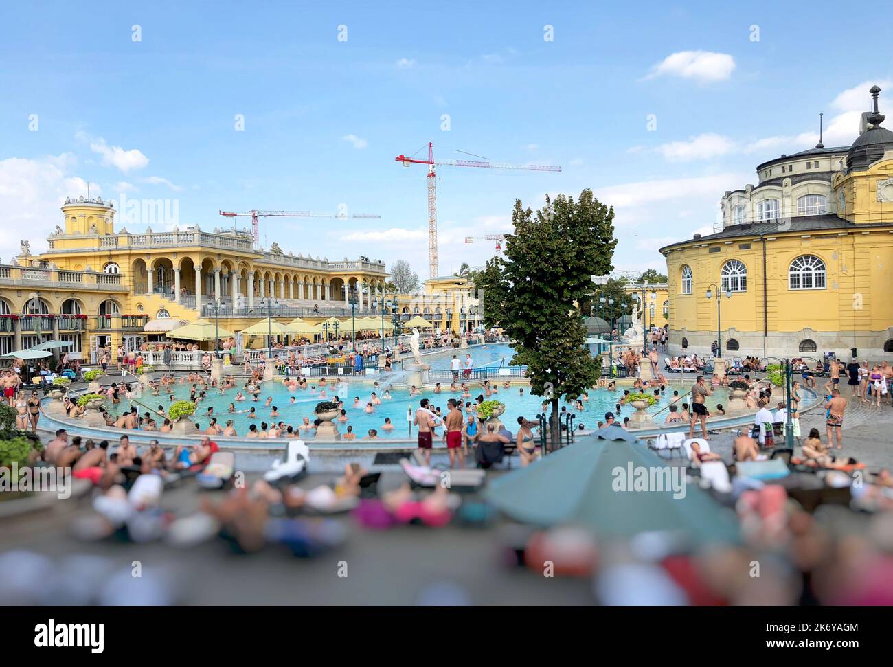 Panoramic view of Thermal Baths and Spa (called The Széchenyi Medicinal Bath) at Budapest, Hungary Stock Photo