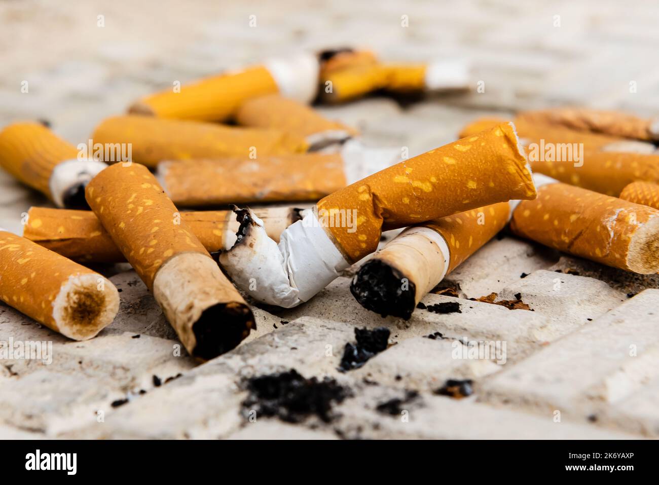 Cigarette. A lot of cigarette butts and matches are lying on the road