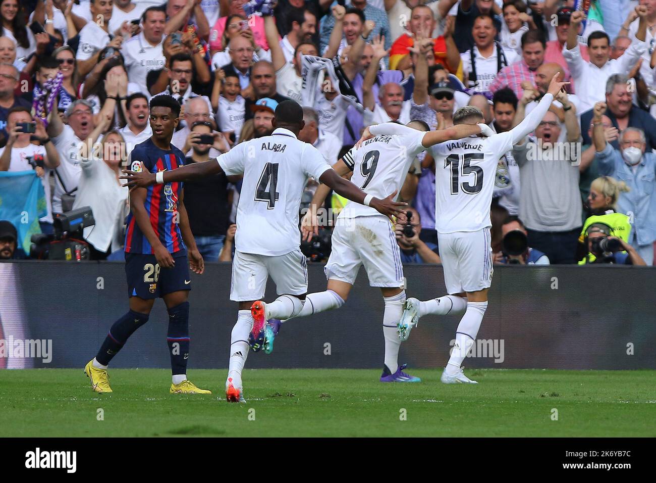 Madrid, Spain. 16th Oct, 2022. Real Madrid players celebrate during La Liga Match Day 9 between Real Madrid and FC Barcelona at Santiago Bernabeu Stadium in Madrid, Spain, on October 16, 2022. Credit: Edward F. Peters/Alamy Live News Stock Photo