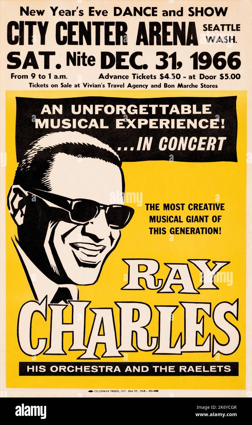 Ray Charles at The City Center Arena, Dec 31, 1966 Seattle, Washington -  New Year's Eve 'Dance and Show' Concert Poster Stock Photo