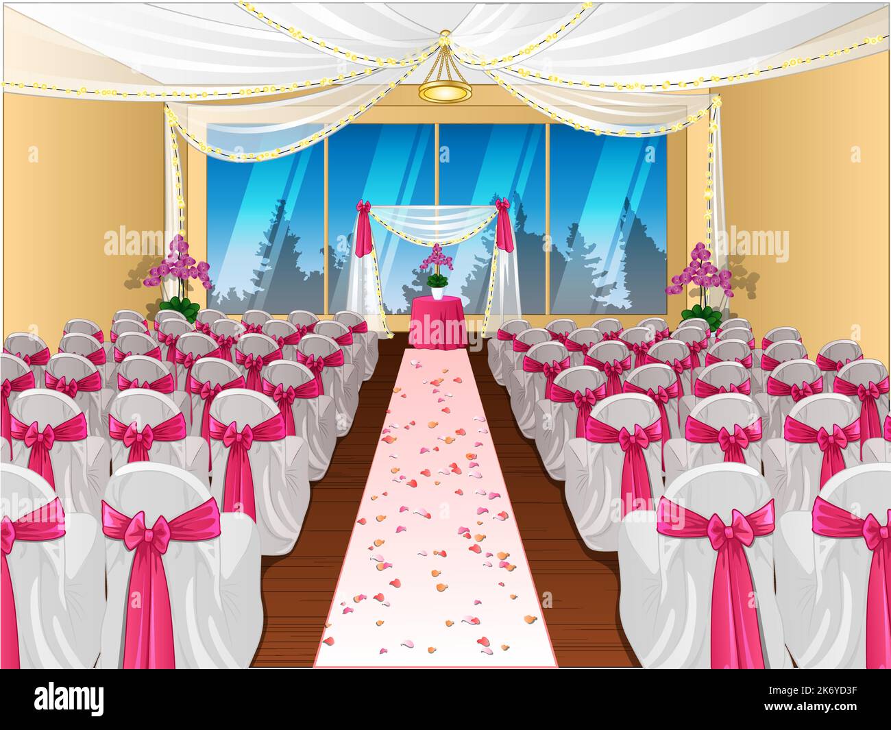 Wedding Venue with Altar and Chairs with Pink Bows. Vector Illustration Stock Vector