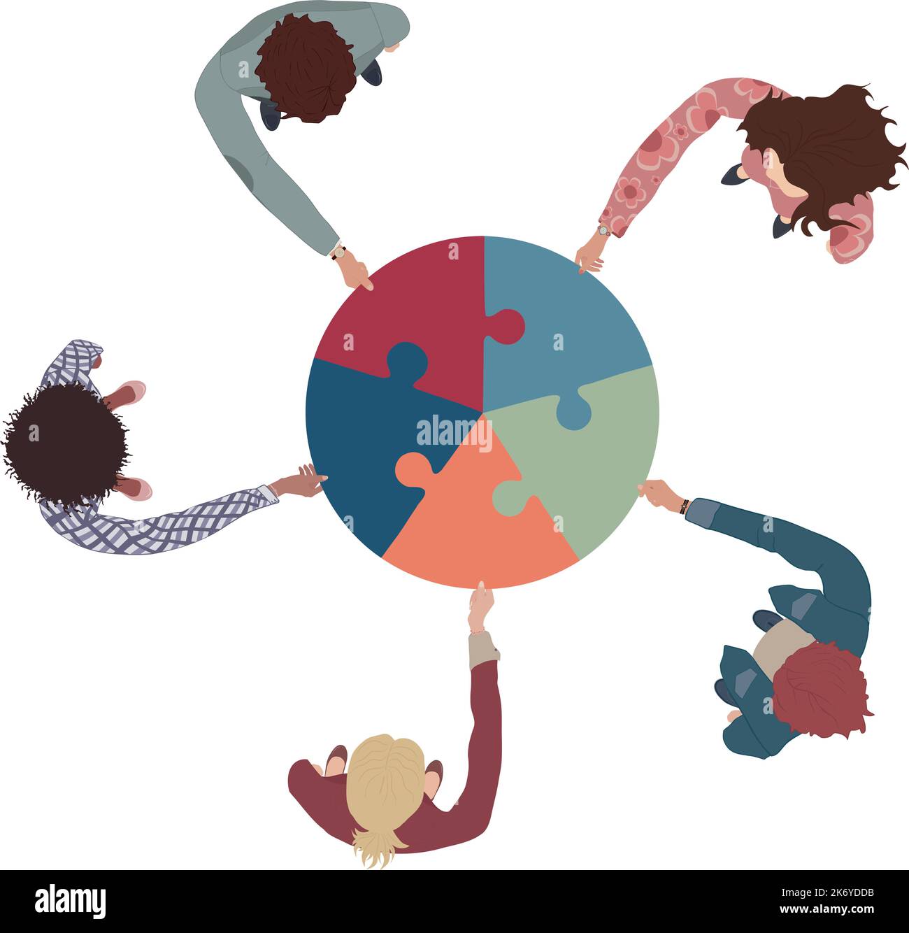 Group of business men and women top view holding and joining jigsaw