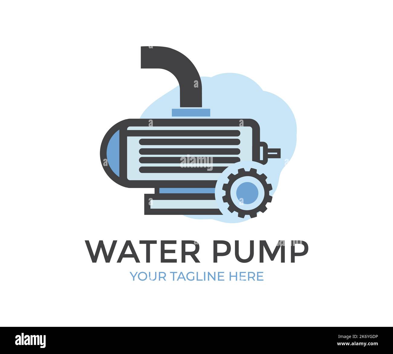 Electric powered motor or engine, industrial pumping compressor, sewage station appliance  logo design. Water supply system, horizontal water pump. Stock Vector