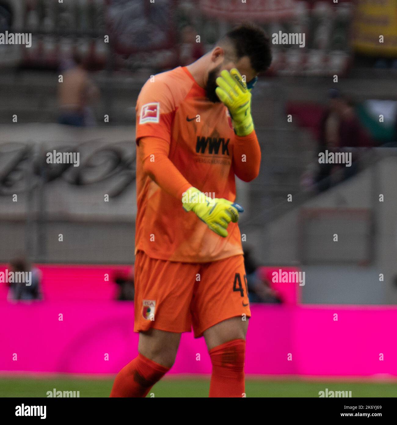 Cologne, North Rhine-Westphalia, Germany. 16th Oct, 2022. FC Augsburg  goalkeeper TOMAS KOUBEK (40) wipes his face after the FC Cologne vs. FC  Augsburg Bundesliga match at the RheinEnergieStadion in Cologne, Germany on