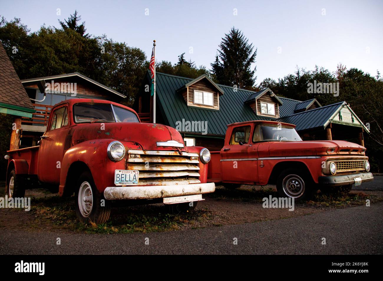Bella's red rusty truck from Twilight. Legendary Bella's truck in front of Forks visitors center in Washington Stock Photo