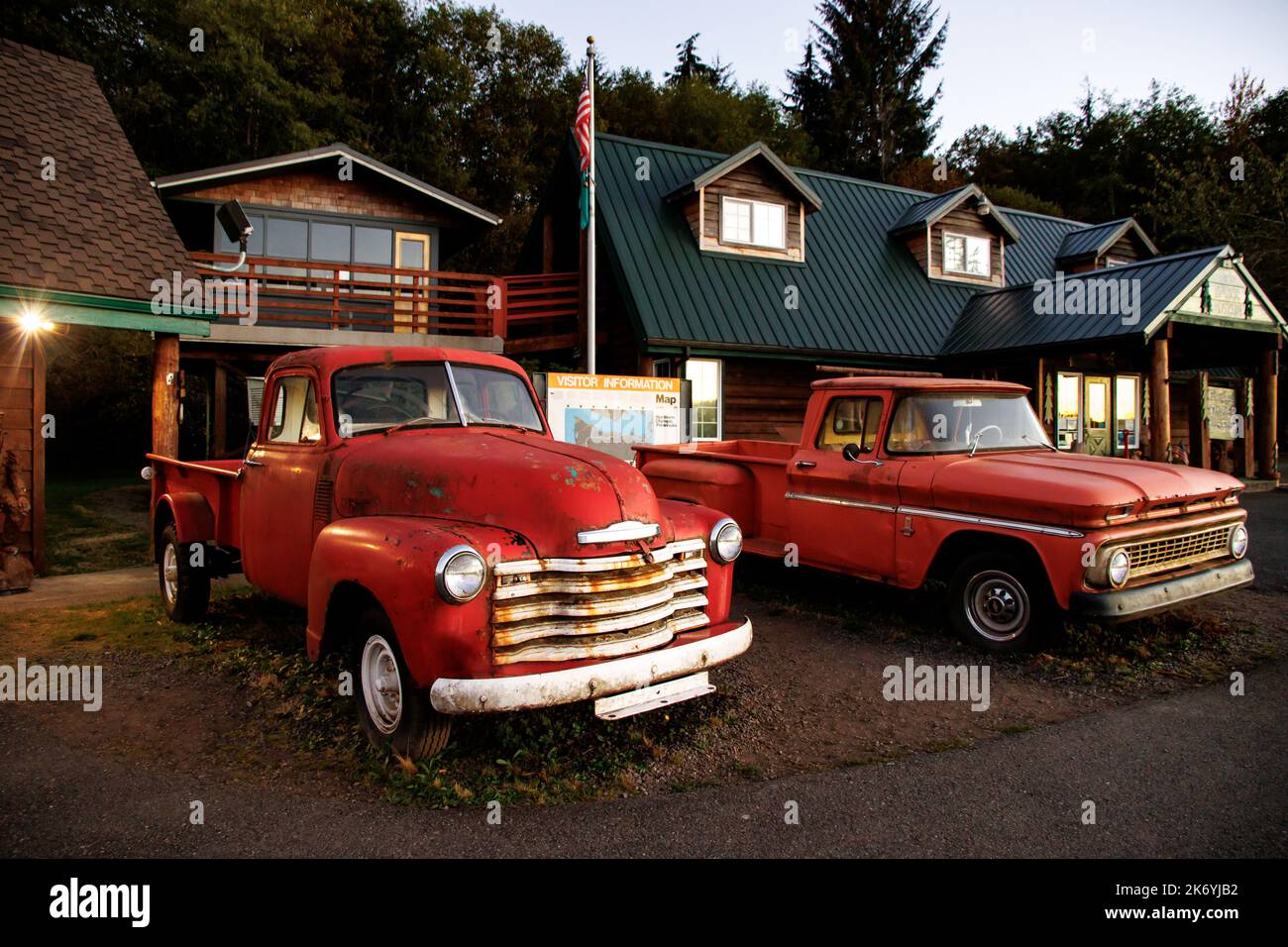 Bella's red rusty truck from Twilight. Legendary Bella's truck in front of Forks visitors center in Washington Stock Photo