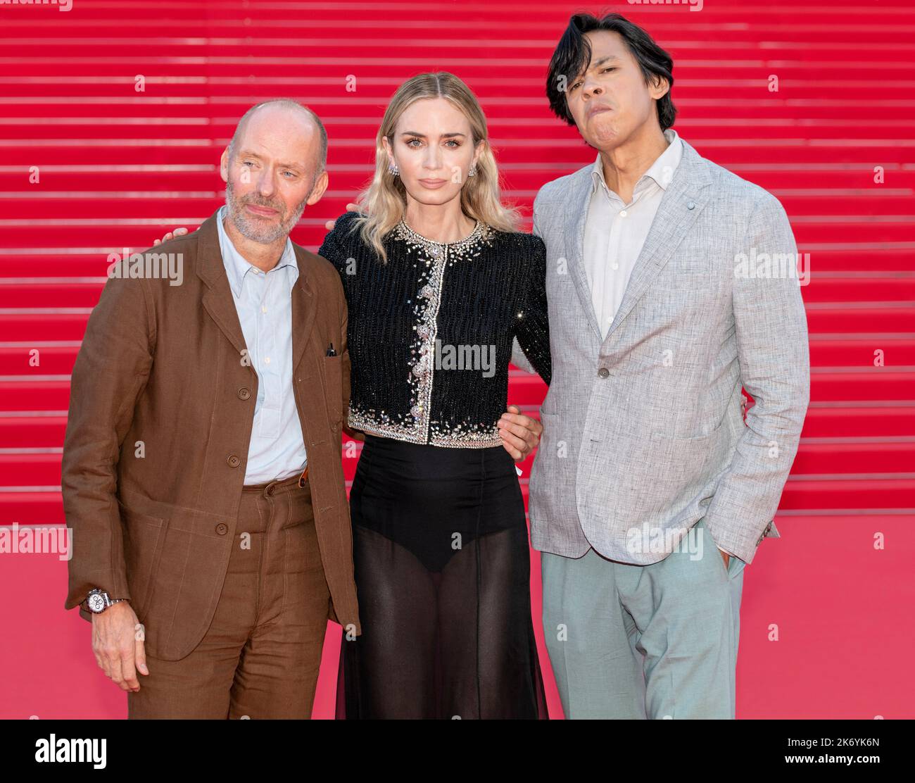 Cannes, France, 16 October 2022, Hugo Blick (Showrunner), Emily Blunt (Actress) and Chaske Spencer (Actor) on the red carpet for 'The English' during MIPCOM 2022 - The World's Entertainment Content Market © ifnm / Alamy Live News Stock Photo