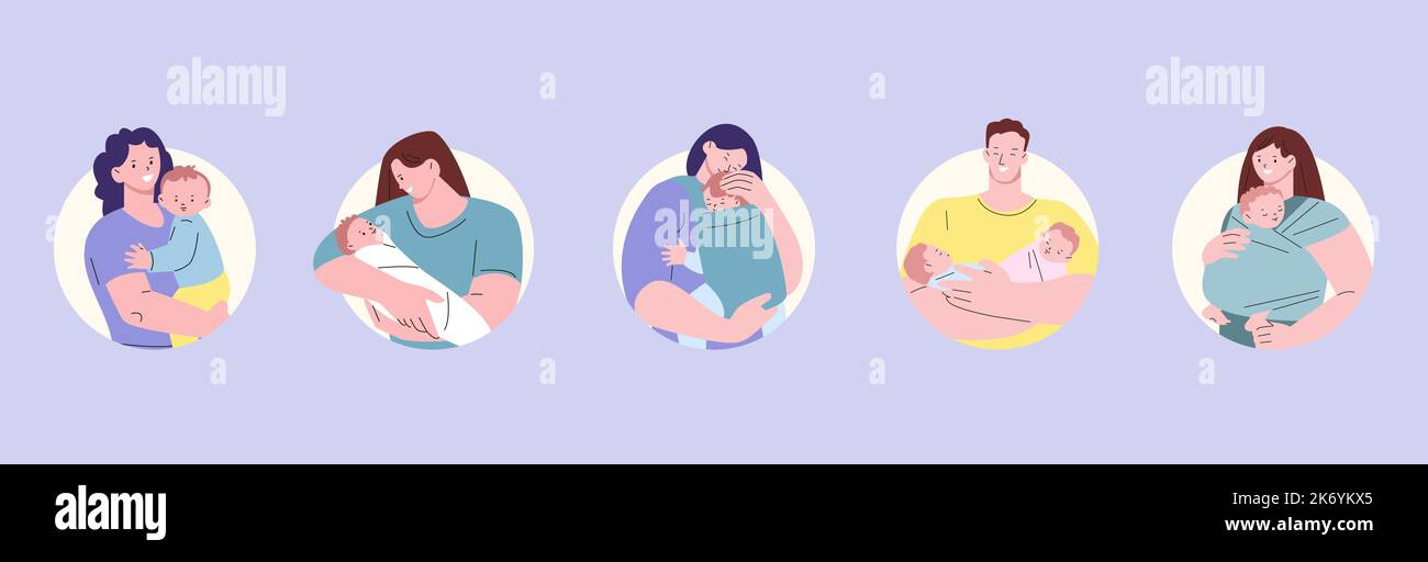 Happy young parents avatars. Woman and man hold and hug newborn babies