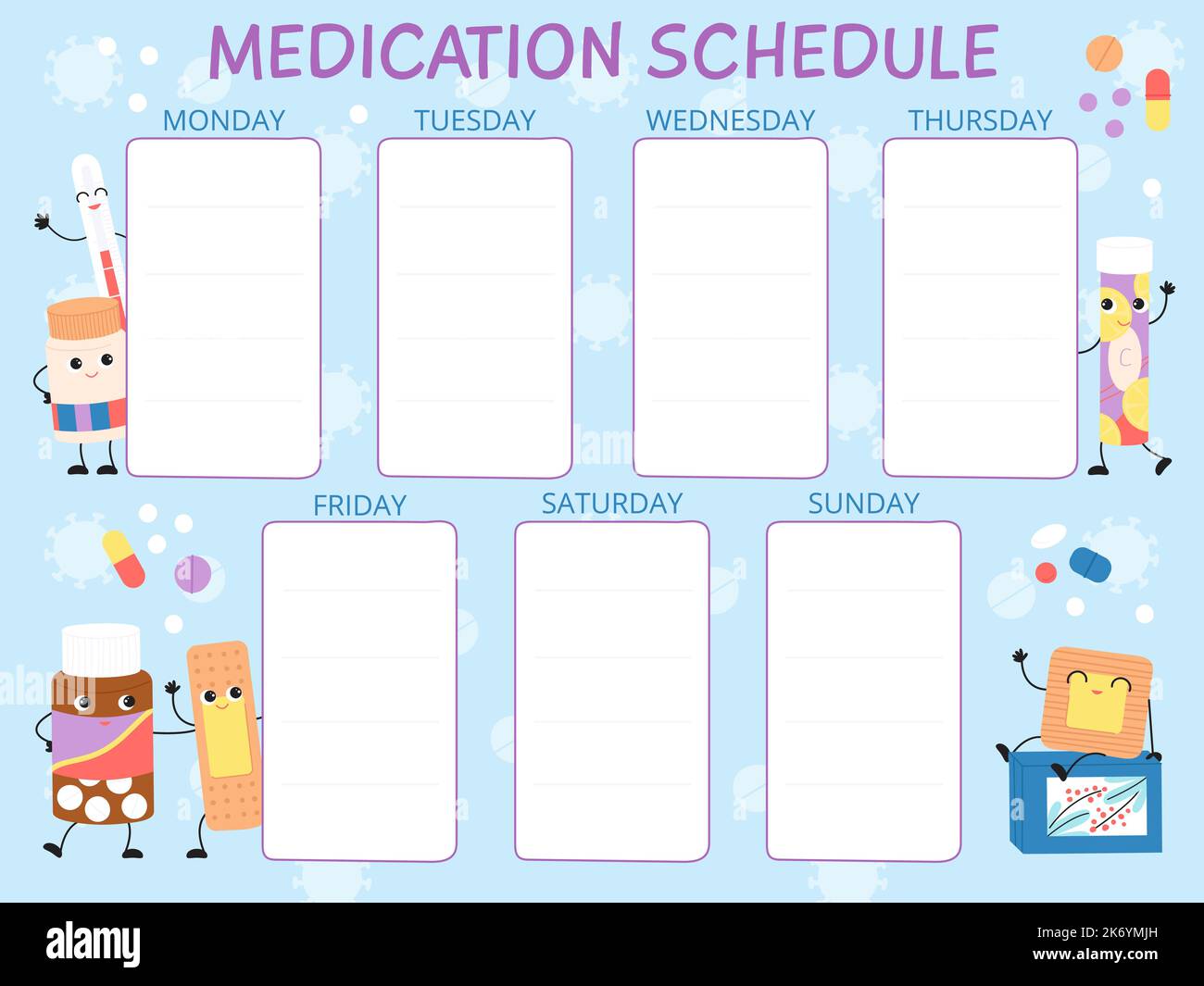 Medication schedule planner. Cute pills and drugs cartoon characters and blank sheets. Weekly medication list, childish or adults plan, decent vector Stock Vector