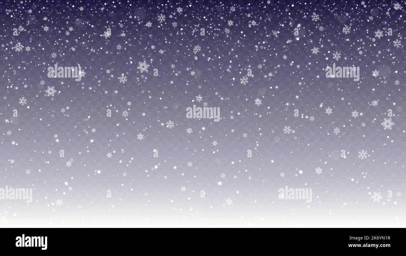 Realistic winter snowfall effect, snowflakes and snow particle fall down. Christmas, new year blizzard scene, overlay snowstorm. Falling snowy pithy Stock Vector