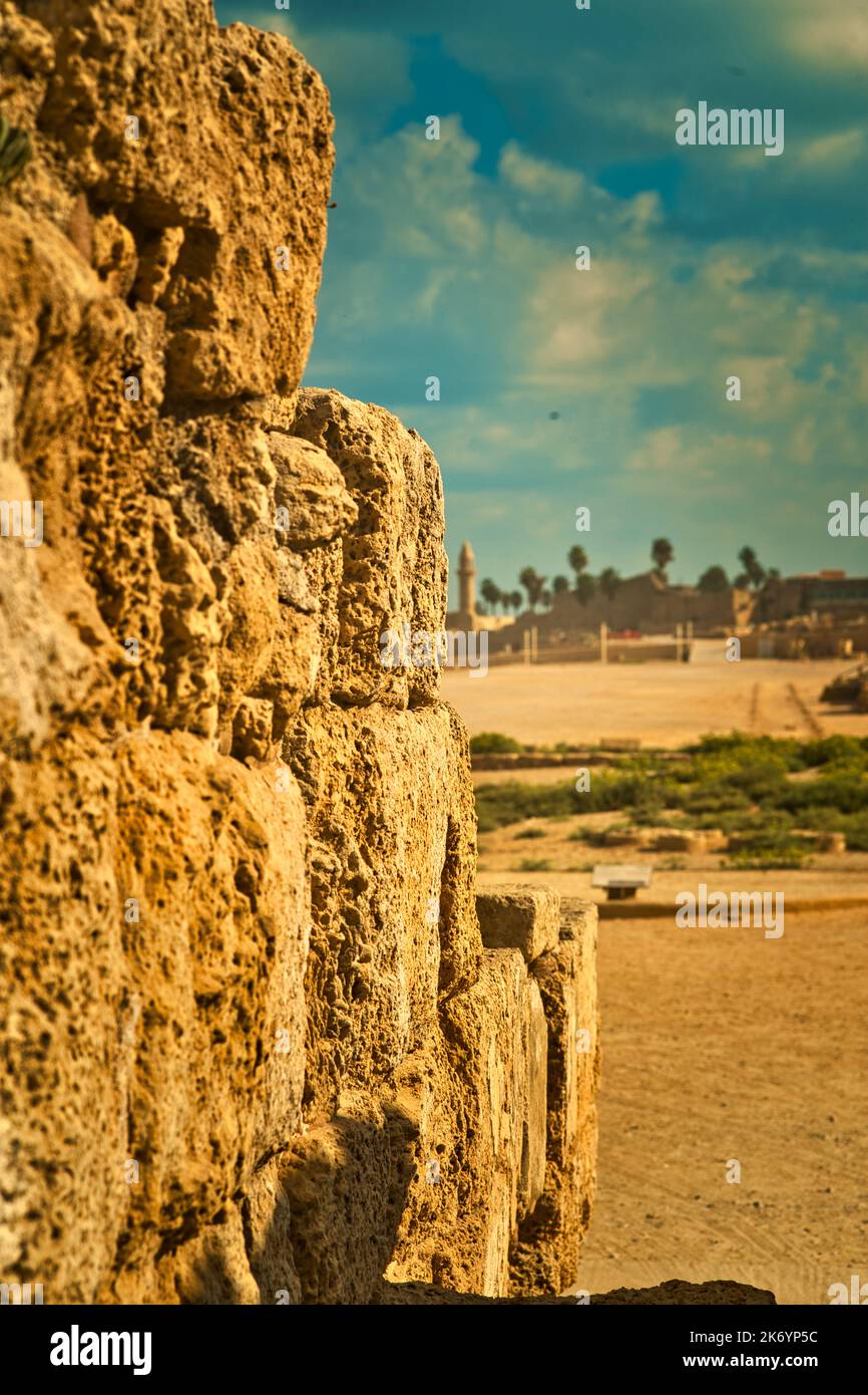 Caesarea is a magnificent site, a national park where amazing ancient harbor ruins, beautiful beaches, and impressive modern residences Stock Photo