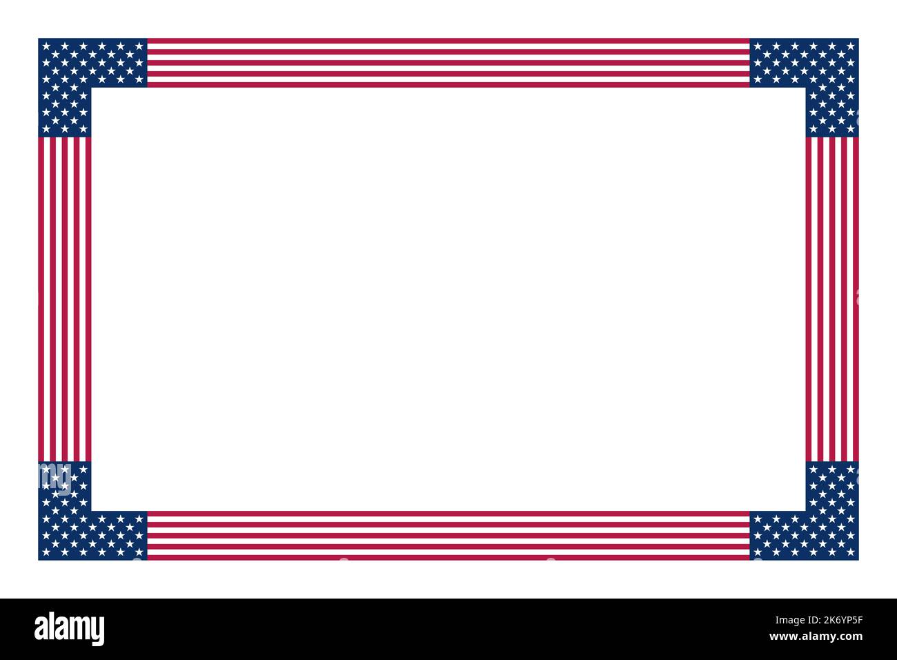 American flag motif, rectangular frame. Border made with stars and stripes pattern, based on the national flag of the United States. Stock Photo