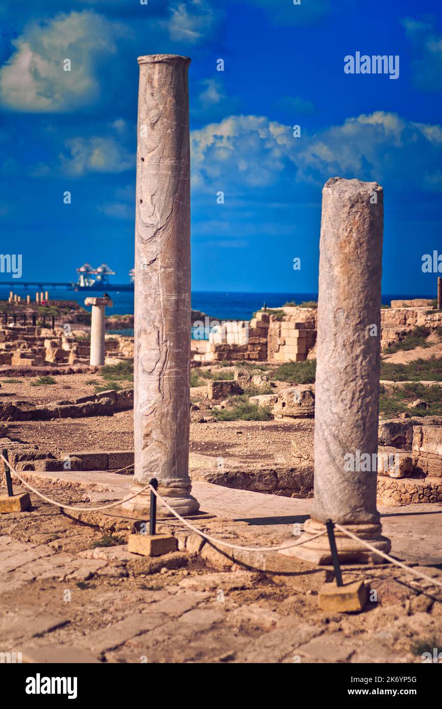 Caesarea is a magnificent site, a national park where amazing ancient harbor ruins, beautiful beaches, and impressive modern residences Stock Photo