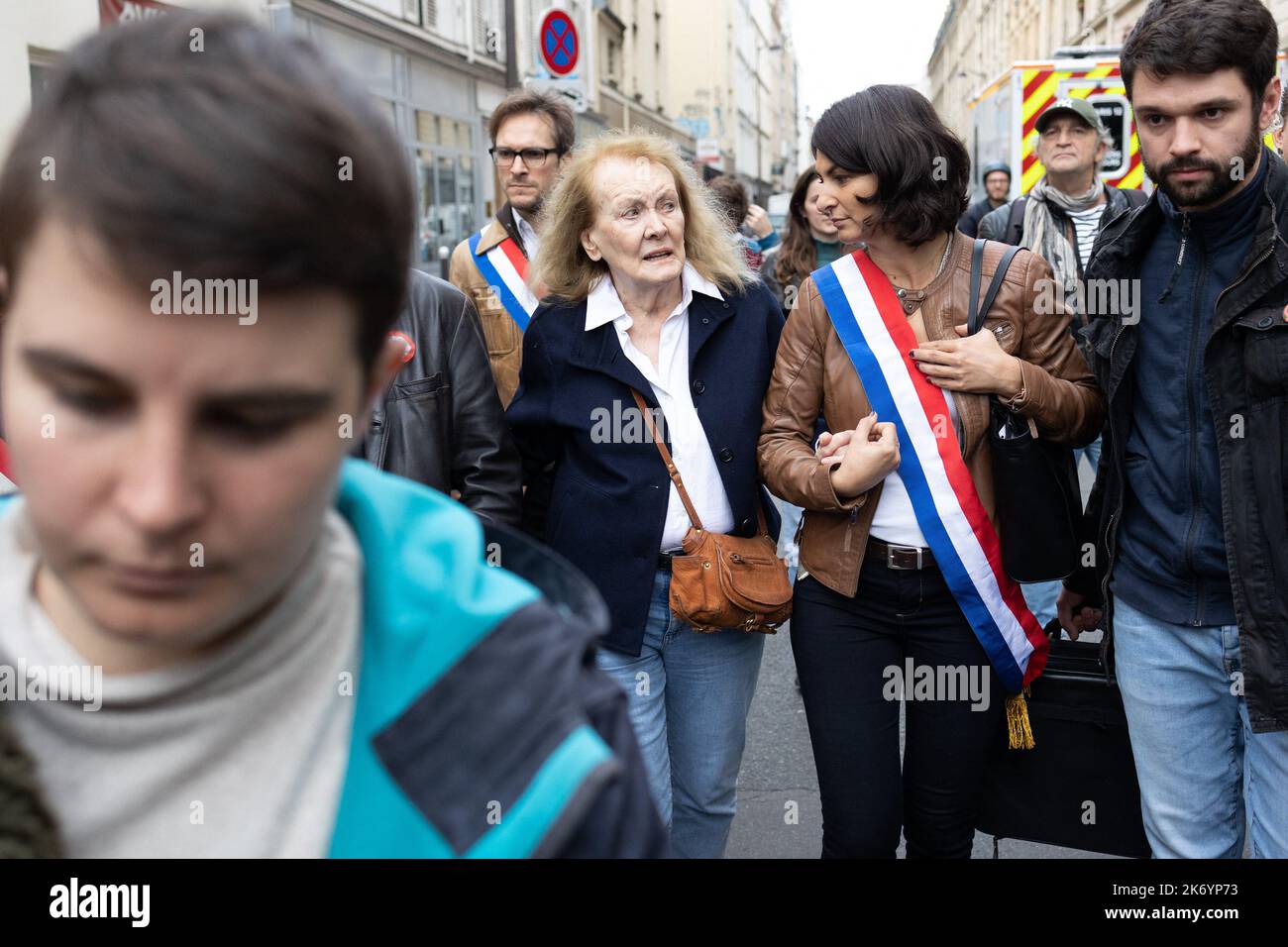 2022 Nobel Literature Prize laureate French novelist Annie Ernaux during a rally against soaring living costs and climate inaction called by French left-wing coalition NUPES (New People Ecologic and Social Union) in Paris on October 16, 2022 Photo by Raphael Lafargue/ABACAPRESS.COM Stock Photo
