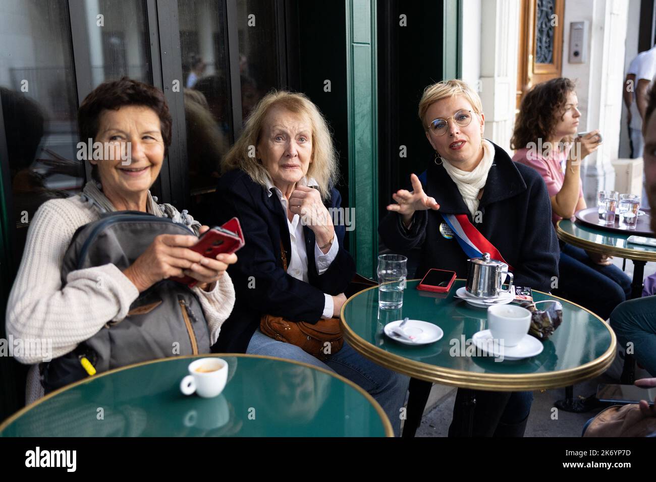 2022 Nobel Literature Prize laureate French novelist Annie Ernaux and LFI deputy Clementine Autain at the terrasse of a cafe during a rally against soaring living costs and climate inaction called by French left-wing coalition NUPES (New People Ecologic and Social Union) in Paris on October 16, 2022 Photo by Raphael Lafargue/ABACAPRESS.COM Stock Photo