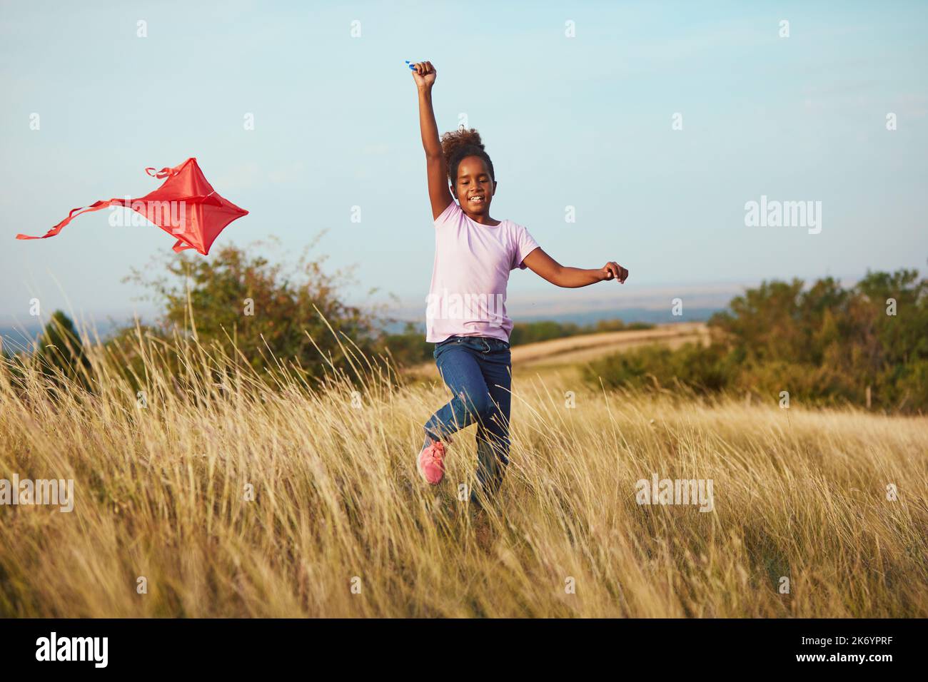 child summer fun lifestyle friend kite outdoor girl field joy childhood run Stock Photo