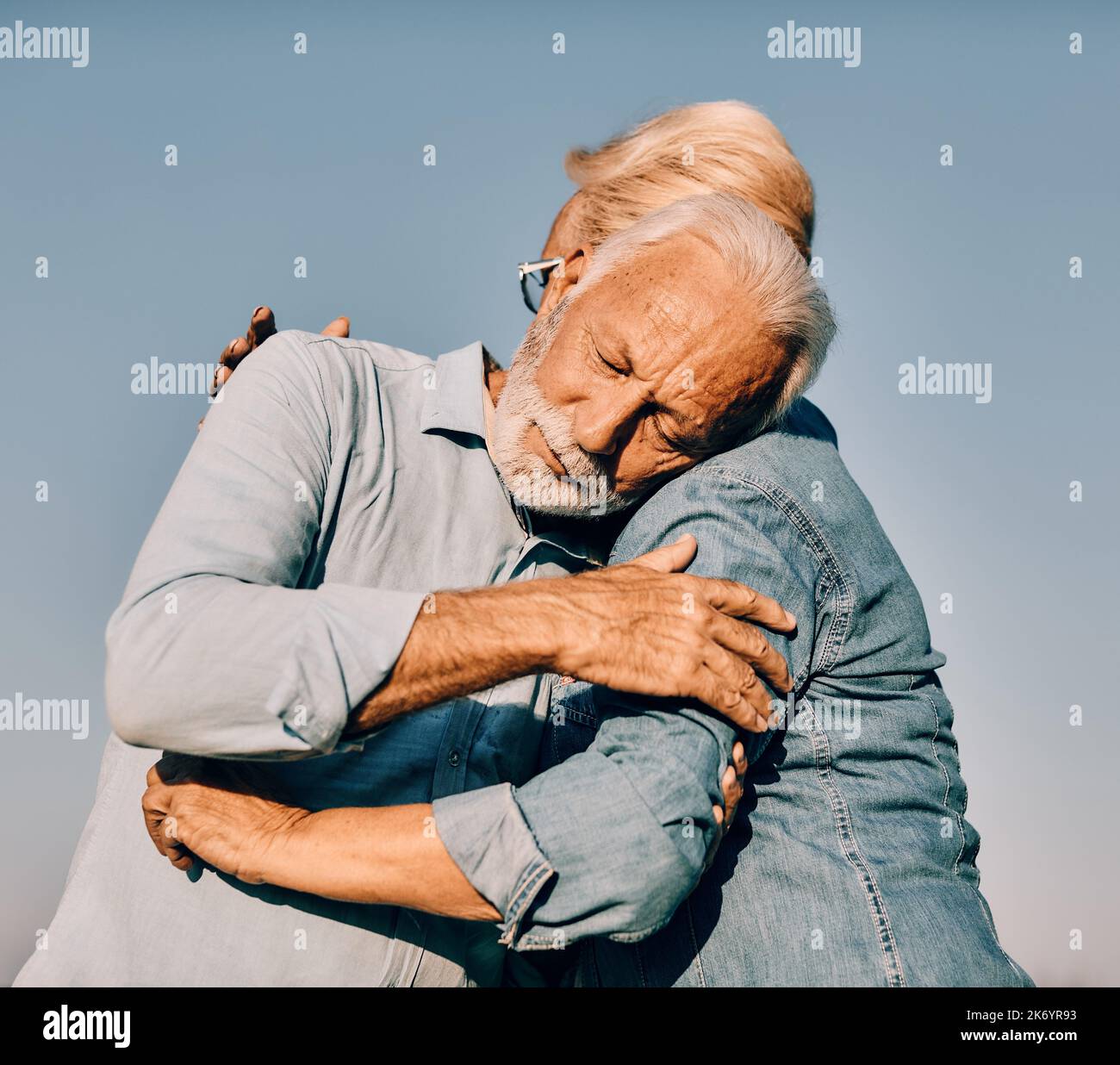 woman man outdoor senior couplecare depression sad problem support retirement together love mature Stock Photo