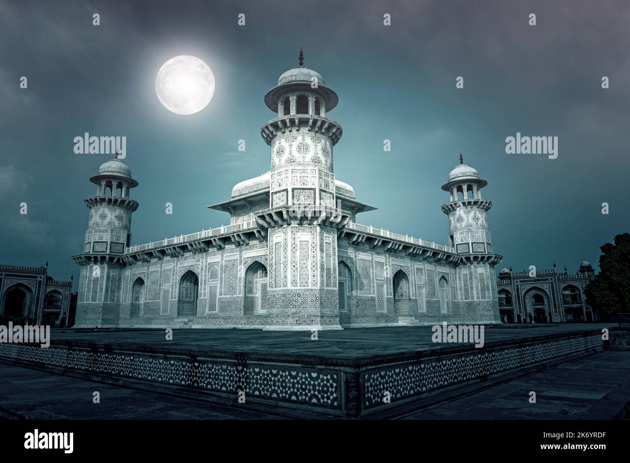 Amazing  marble Tomb of Itimad-ud-Daulah or Baby Taj Mahal in the night with moon in Agra, India. Collage Stock Photo