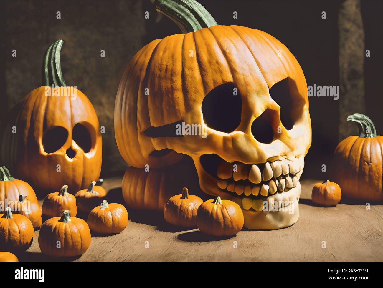 Photorealistic Halloween pumpkin in the shape of a human skull