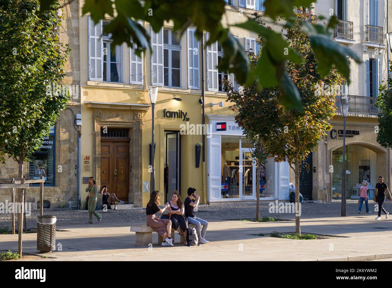 Late summer in Aix-en-Provence, France, at the famous boulevard Cours Mirabeau. Stock Photo