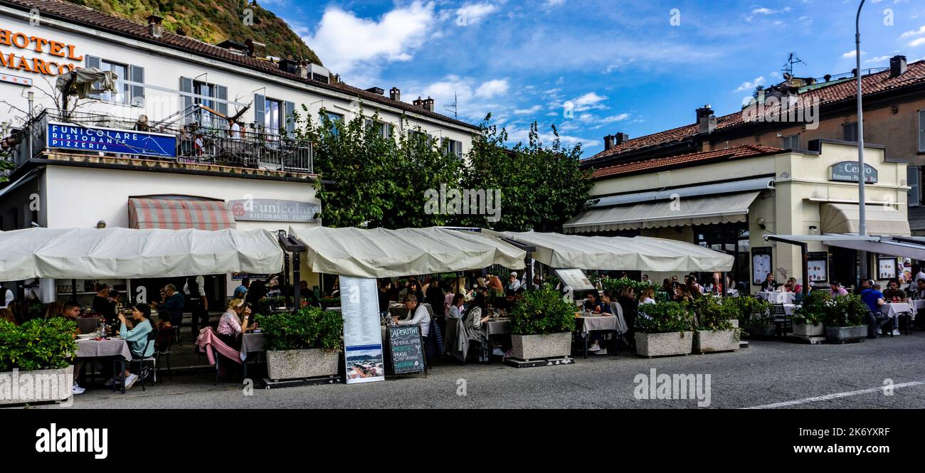 Outside dining along the port of Como Town, on Lake Como, Italy. Stock Photo