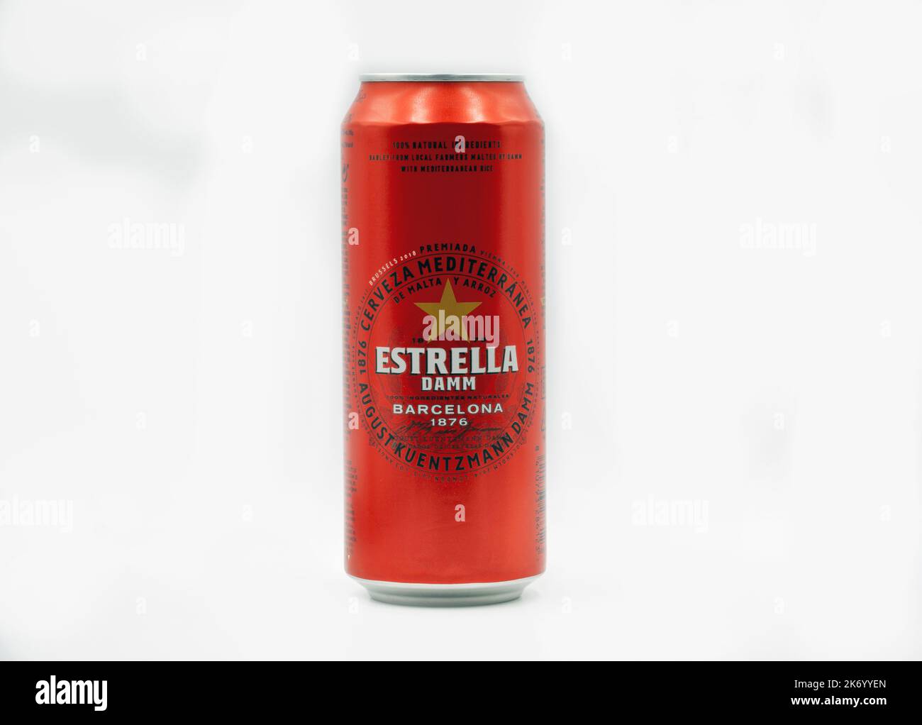 Kyiv, Ukraine - June 10, 2021: Studio shoot of Spanish beer Estrella can from manufacturer Barcelona brewery S.A. Damm closeup on white. Stock Photo