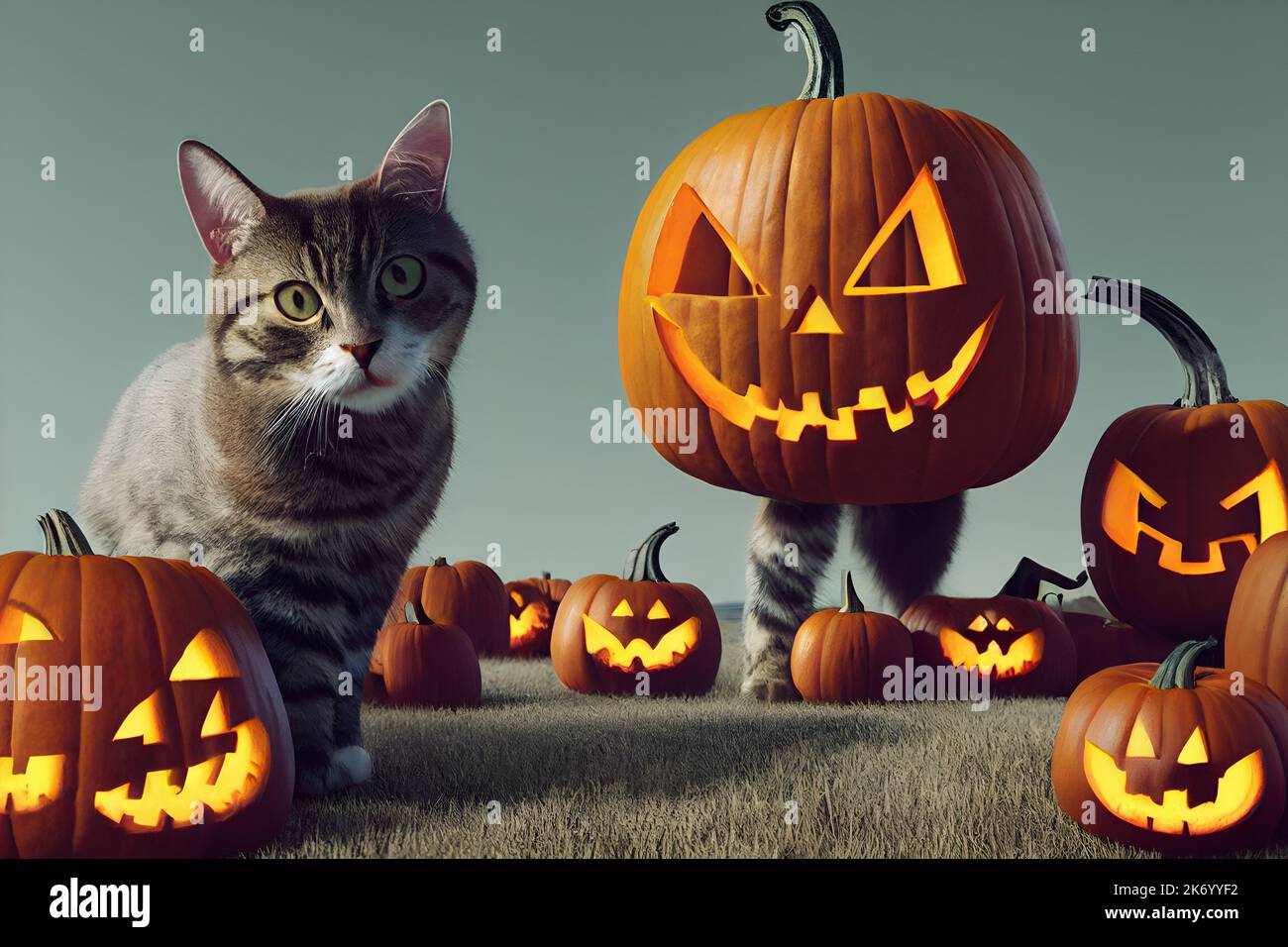 A cat dressed as a pumpkin, creeps up on a red cat who is not expecting anything. A Halloween game of hide and seek. Stock Photo
