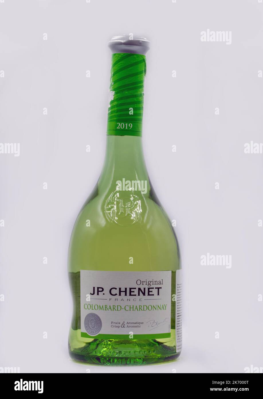 Kyiv, Ukraine - September 12, 2021: Studio shoot of JP. Chenet Colombard-Chardonnay white dry wine bottle closeup on white. JP Chenet is a French wine Stock Photo