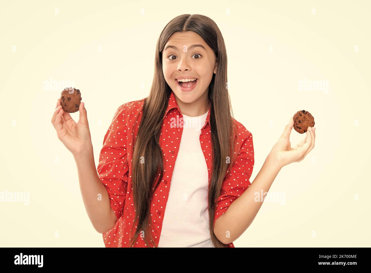 Child girl with dessert bakery Portrait of happy smiling teenage child