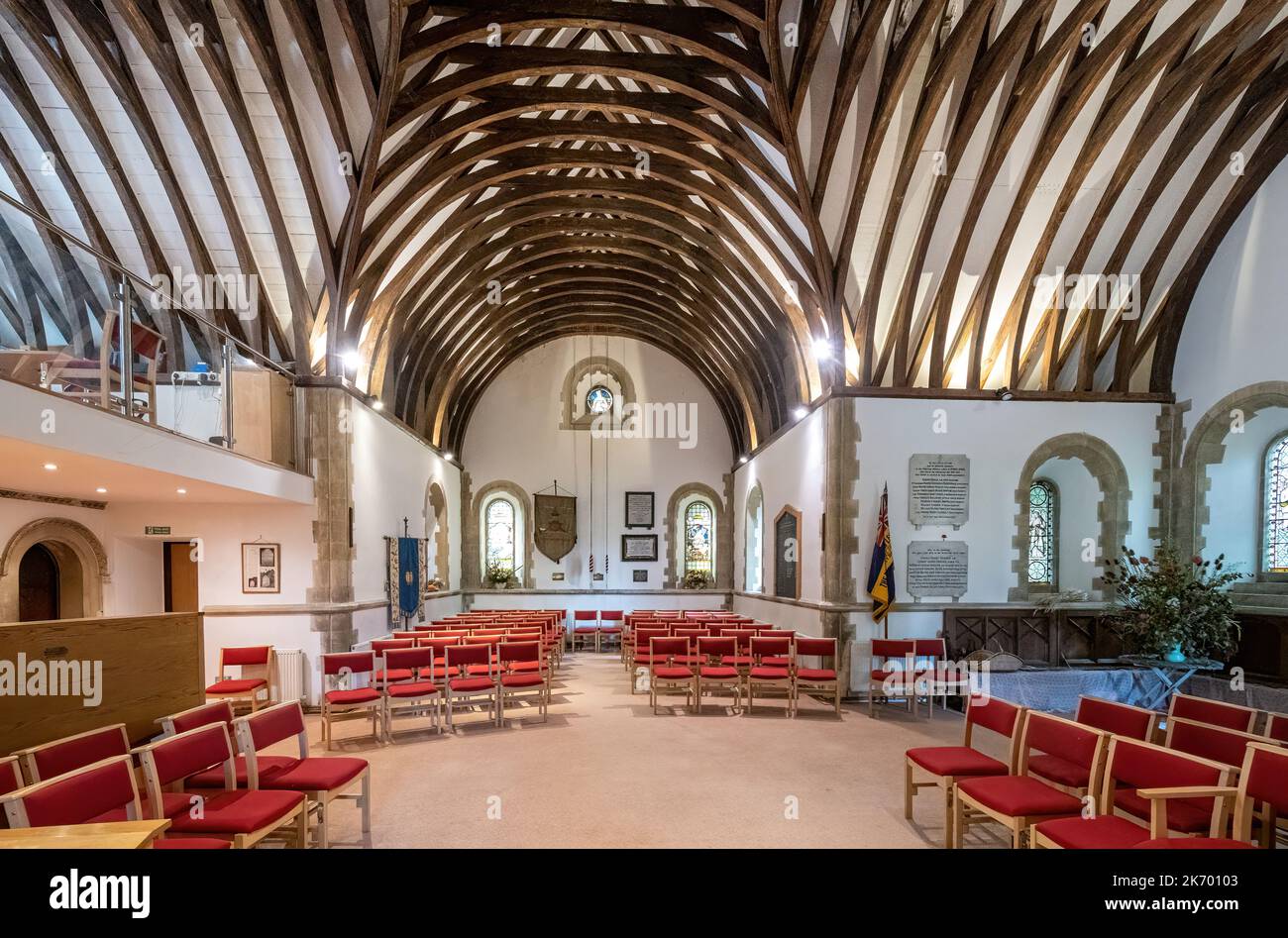 St John the Baptist Church in Itchen Abbas village, Hampshire, England, UK. View of the interior with barrel-vaulted roof. Stock Photo