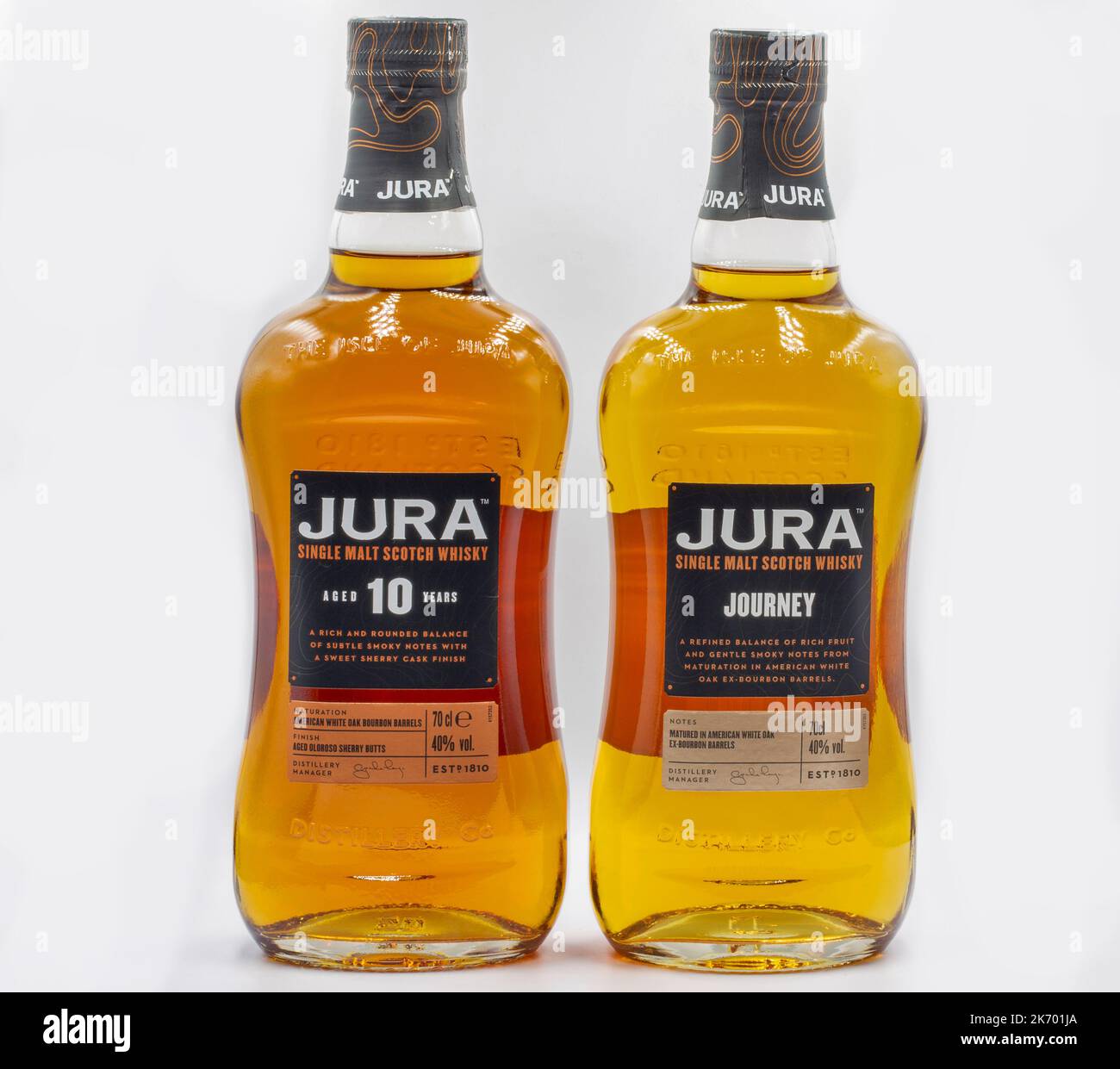 Kyiv, Ukraine - September 06: Studio shoot of Jura Single Malt Aged 10 Years and Journey Scotch whisky bottles closeup against white background. The d Stock Photo