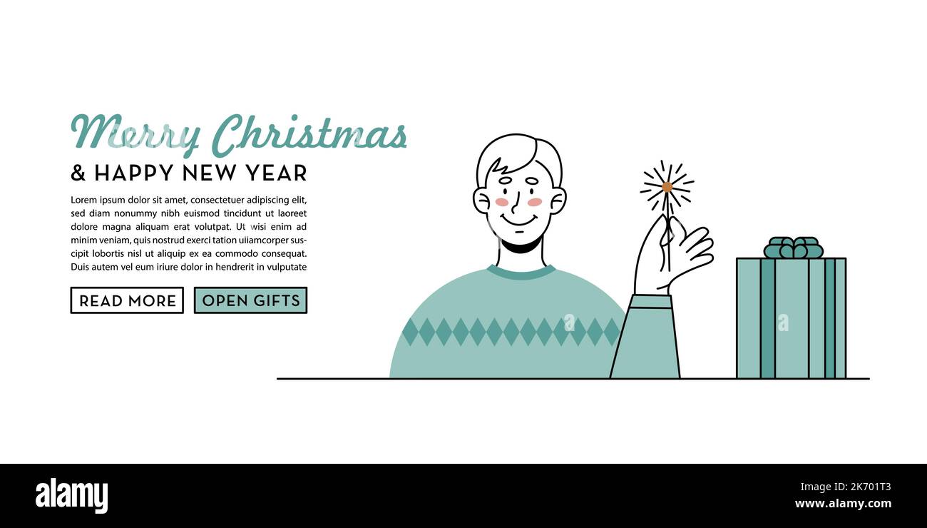 Man holding a sparkler. Christmas, New Year celebration. Creative banner, web page, social media post. Vector illustration in outline flat style Stock Vector