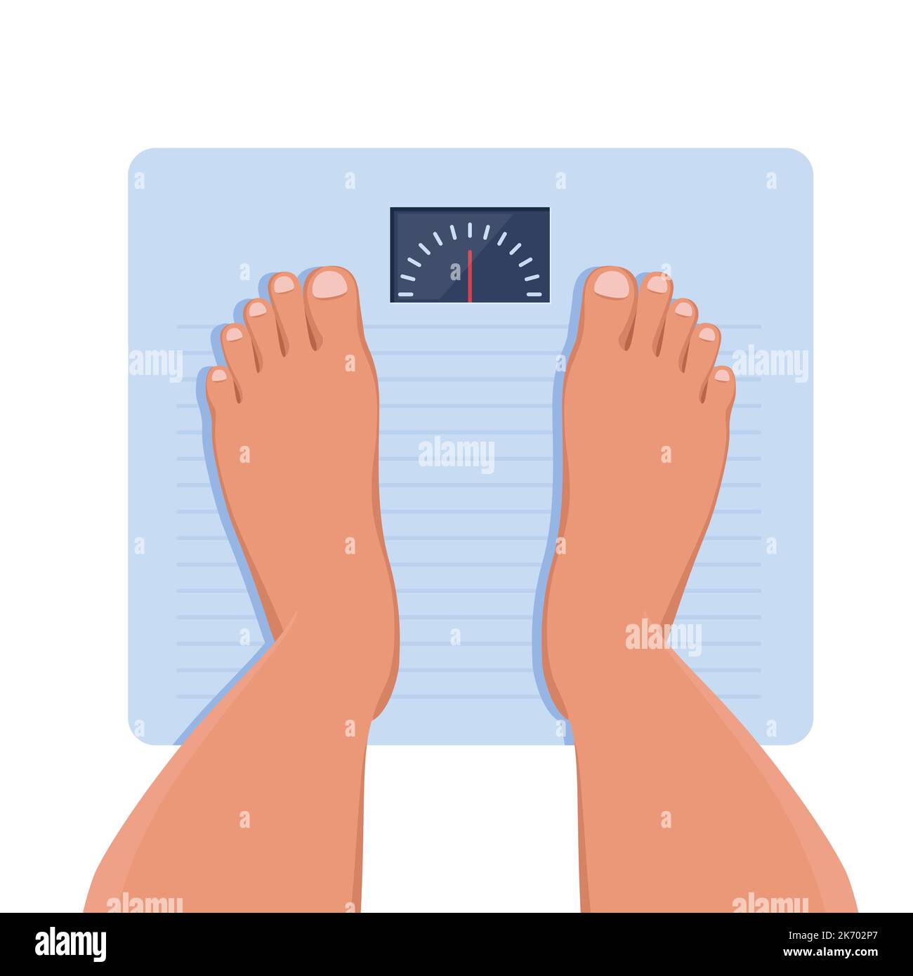 Feet on bathroom scales, top view. Weight measurement and control. Concept of healthy lifestyle, dieting and fitness. Vector illustration Stock Vector