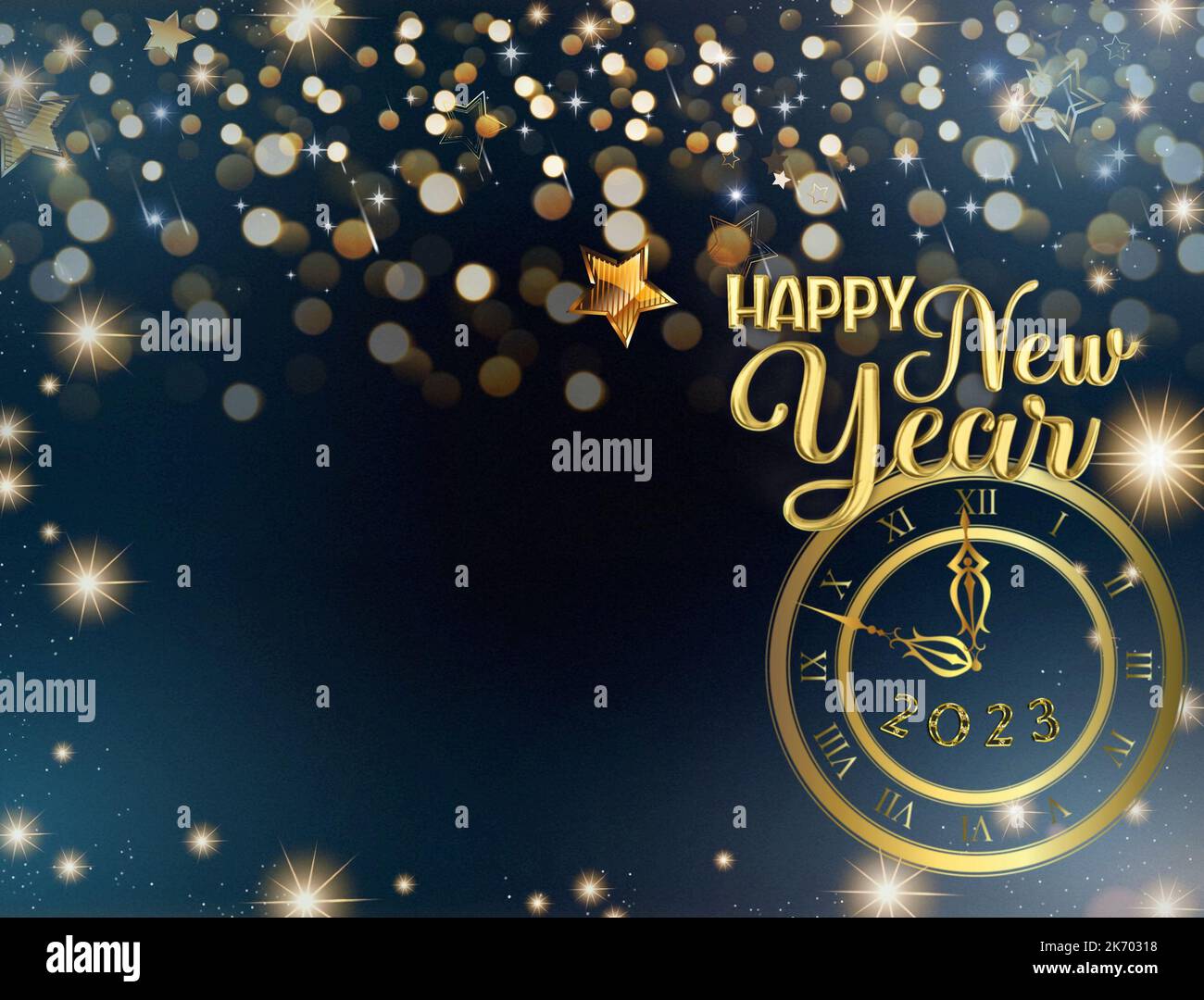 Happy new year 2023 greeting card with bokeh lights, fireworks and