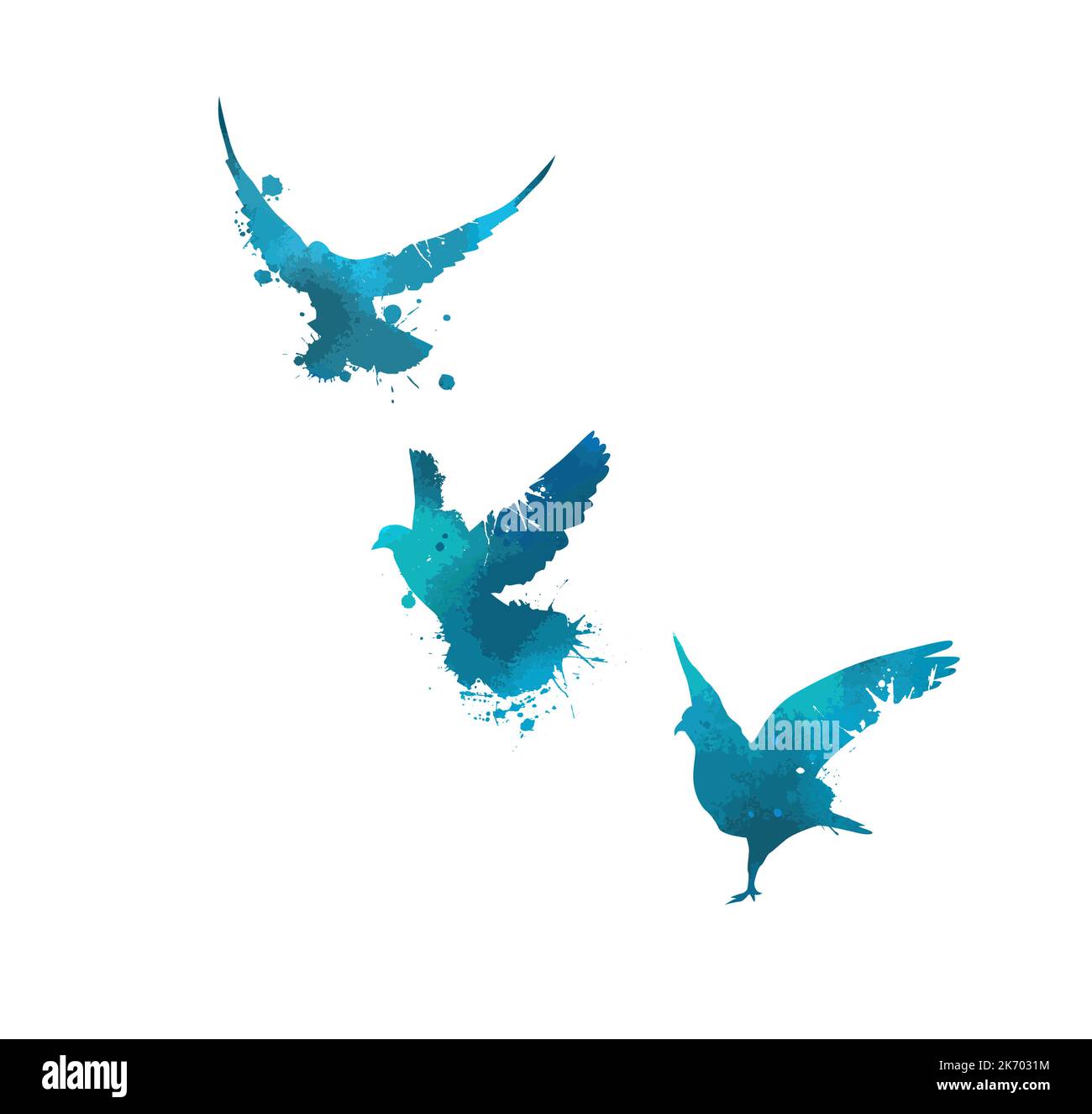 Bird watercolor. A flock of colorful birds. Blue birds from blots