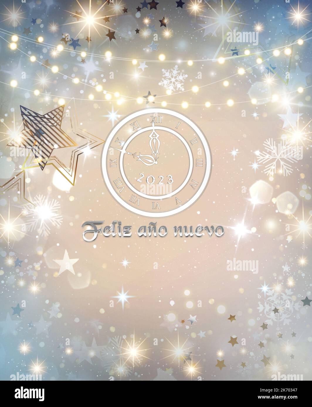 Happy new year 2023 greeting card with bokeh lights, fireworks and