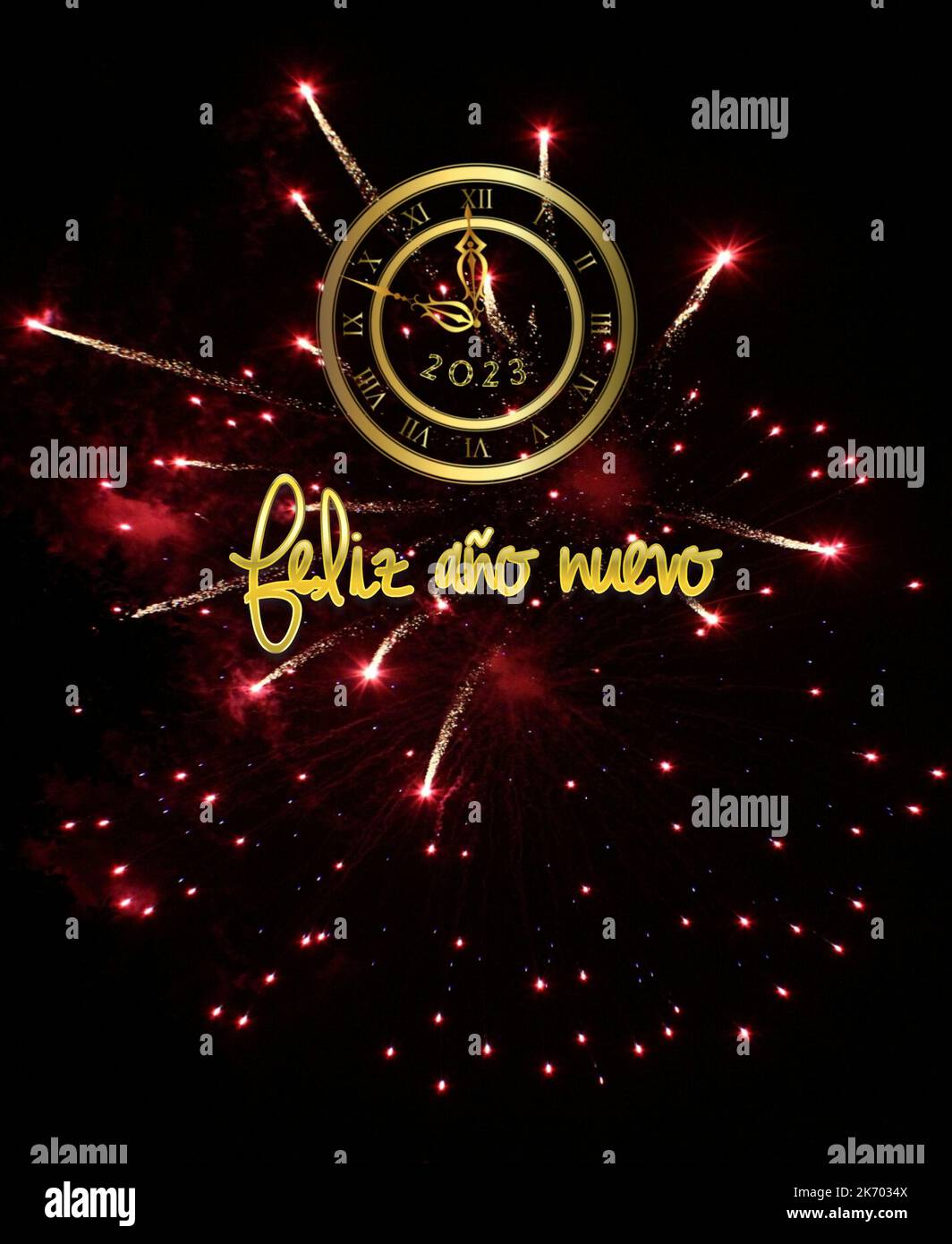 Happy new year 2023 greeting card with bokeh lights, fireworks and