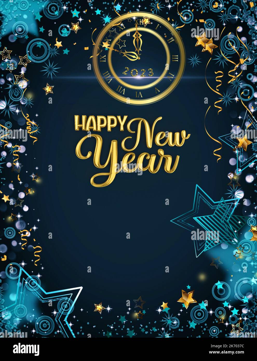 Happy new year 2023 greeting card with bokeh lights, fireworks and