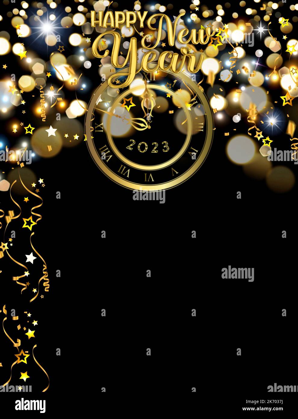 Happy new year 2023 greeting card with bokeh lights, fireworks and