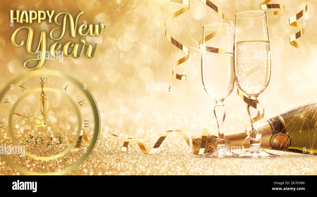Happy new year 2023 greeting card with bokeh lights, fireworks and