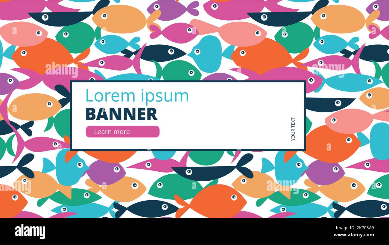 Seamless pattern of bright multi colorful fish of different shapes. Banner for web or print Stock Vector