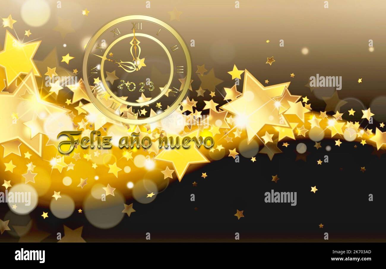 Happy new year 2023 greeting card with bokeh lights, fireworks and