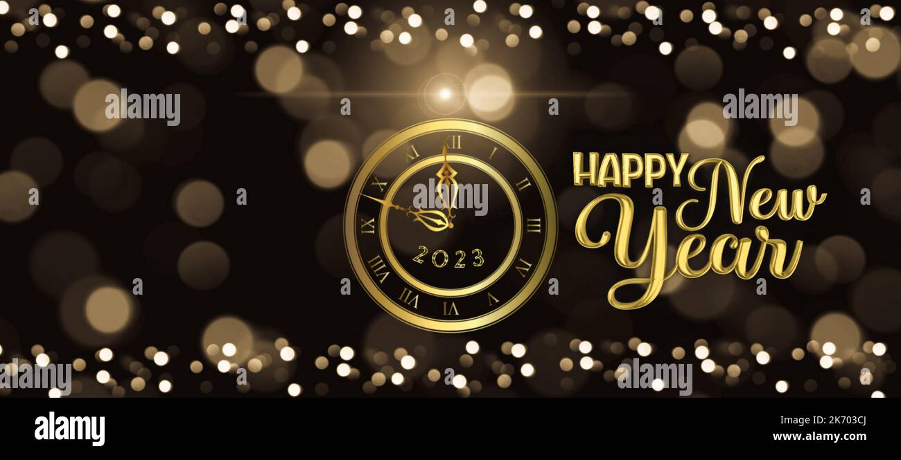 Happy new year 2023 greeting card with bokeh lights, fireworks and